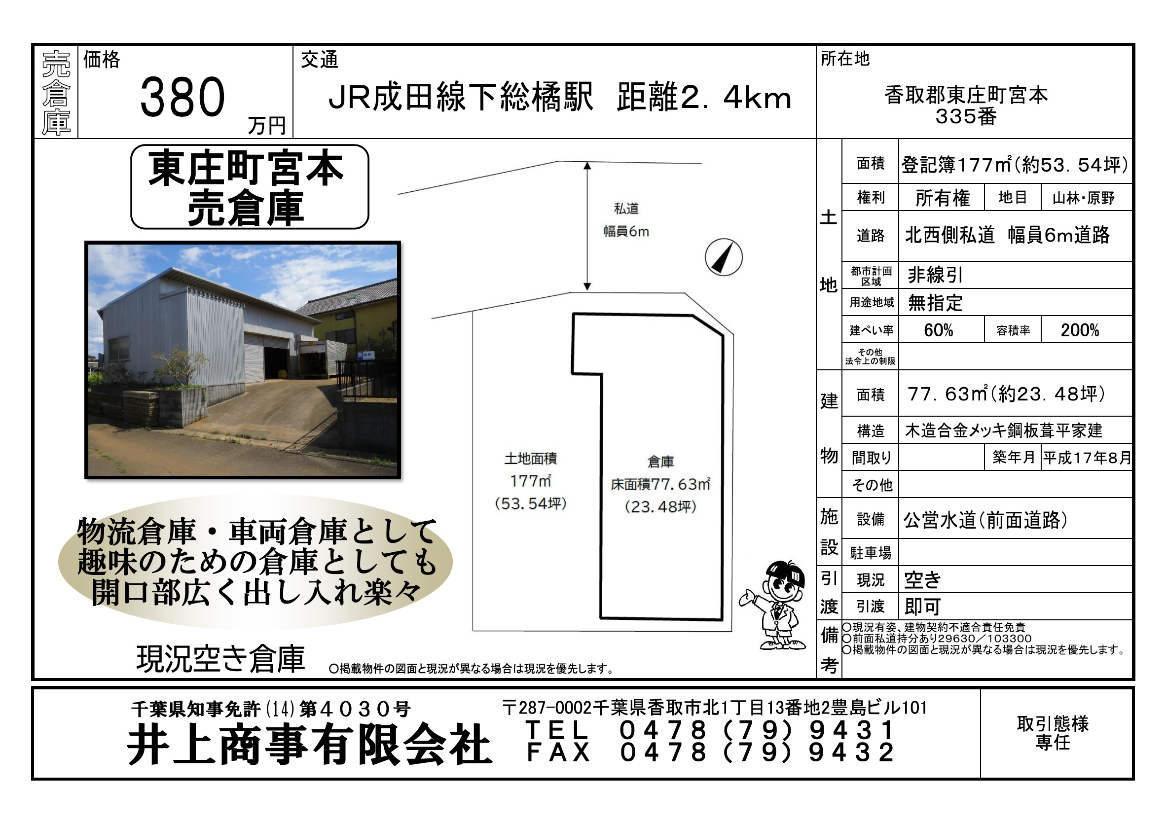 【新規物件】香取郡東庄町宮本売倉庫。色々な用途で利用できます。